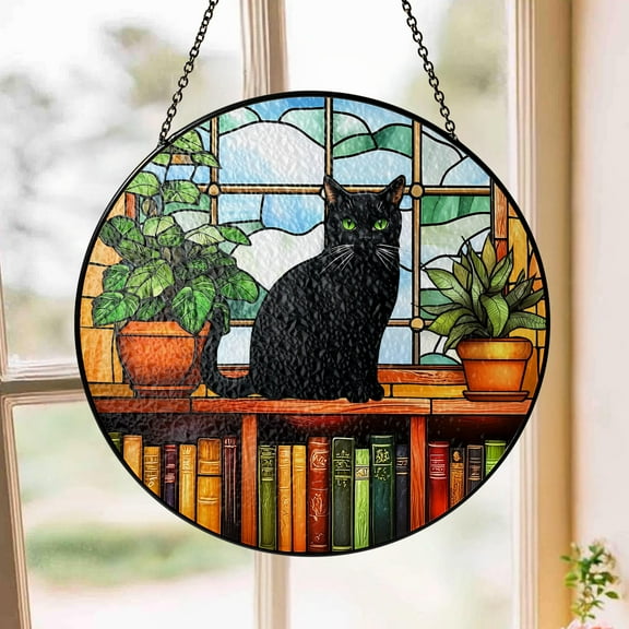 Black Cat Stained Suncatchers, Black Cat With Book Glass Sun Catchers, Bookshelf Stained Glass Suncatcher Garden Hanging Tree