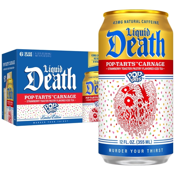 Liquid Death Iced Tea, Pop-Tarts™ Carnage (Frosted Strawberry Toaster Pastry Flavored Black Tea), Less Sugar*, Boost of Caffeine, B Vitamins, No Artificial Sweeteners, 12 Fl Oz (Pack of 6)