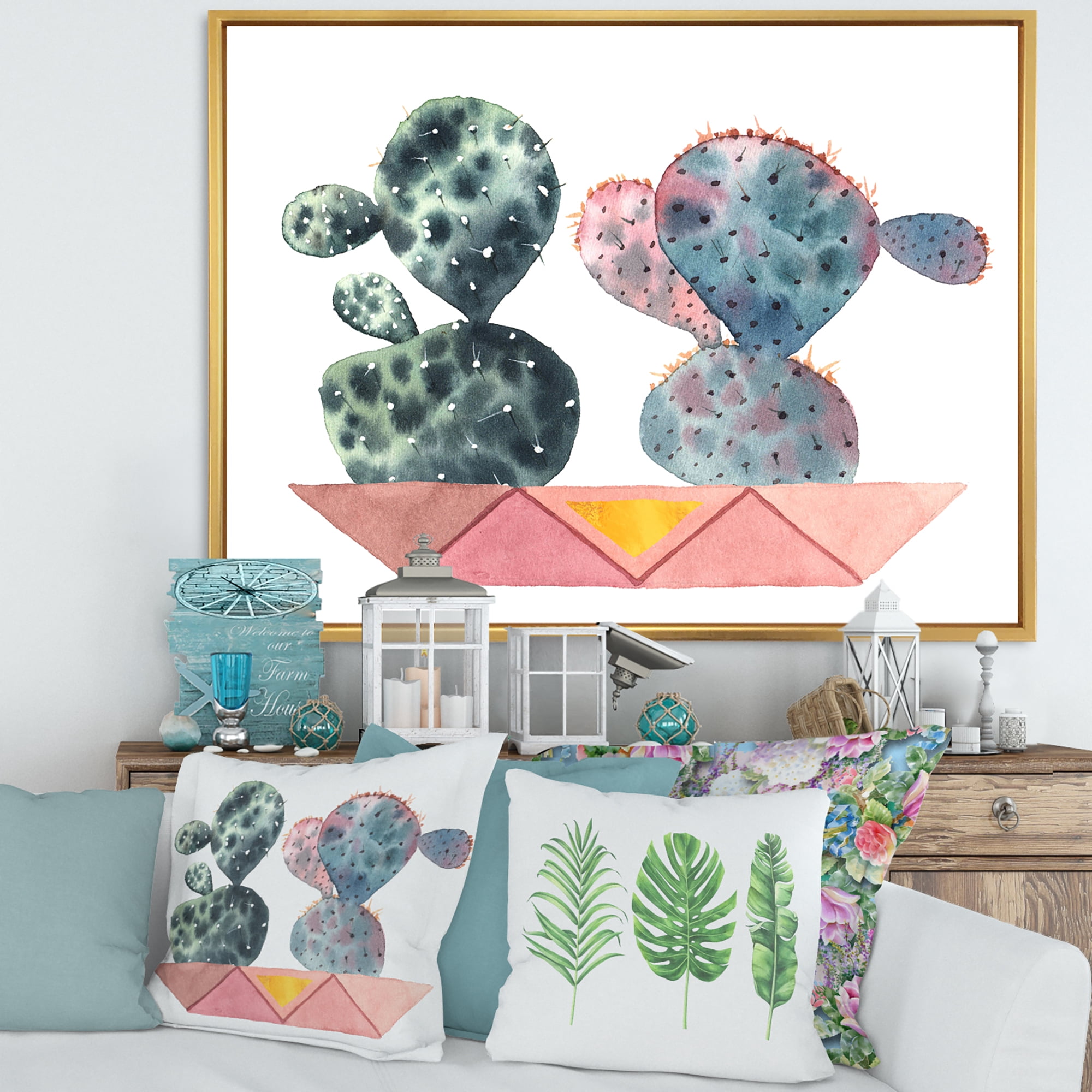 Designart 'Cactus Duo In Pink Pots Geometric' Modern Framed Canvas Wall Art Print