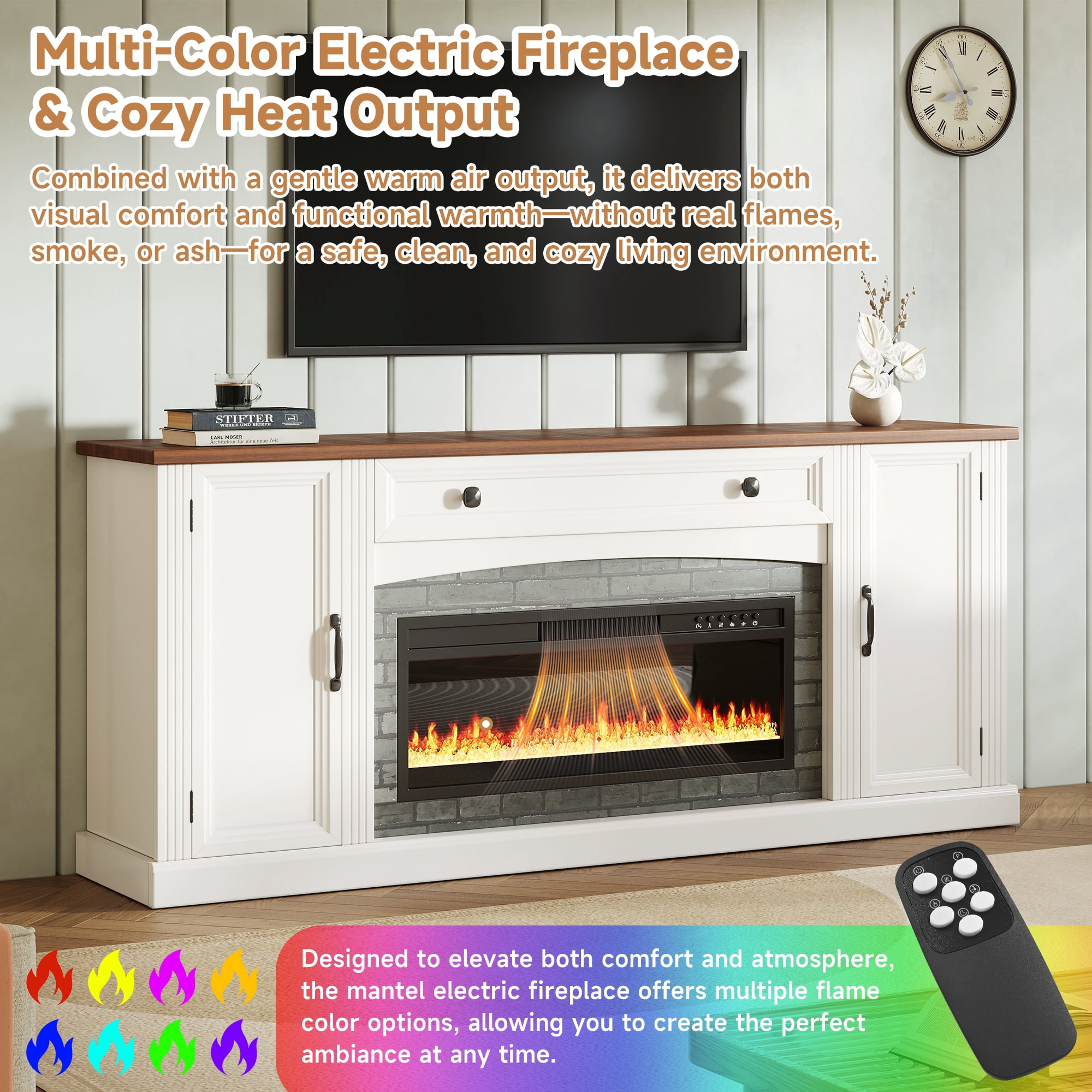 Mintazer Farmhouse Electric Fireplace TV Stand for TVs Up to 70", Entertainment Center with 2 Storage Cabinets & Large Drawer and Adjustable Shelves for Living Room, White