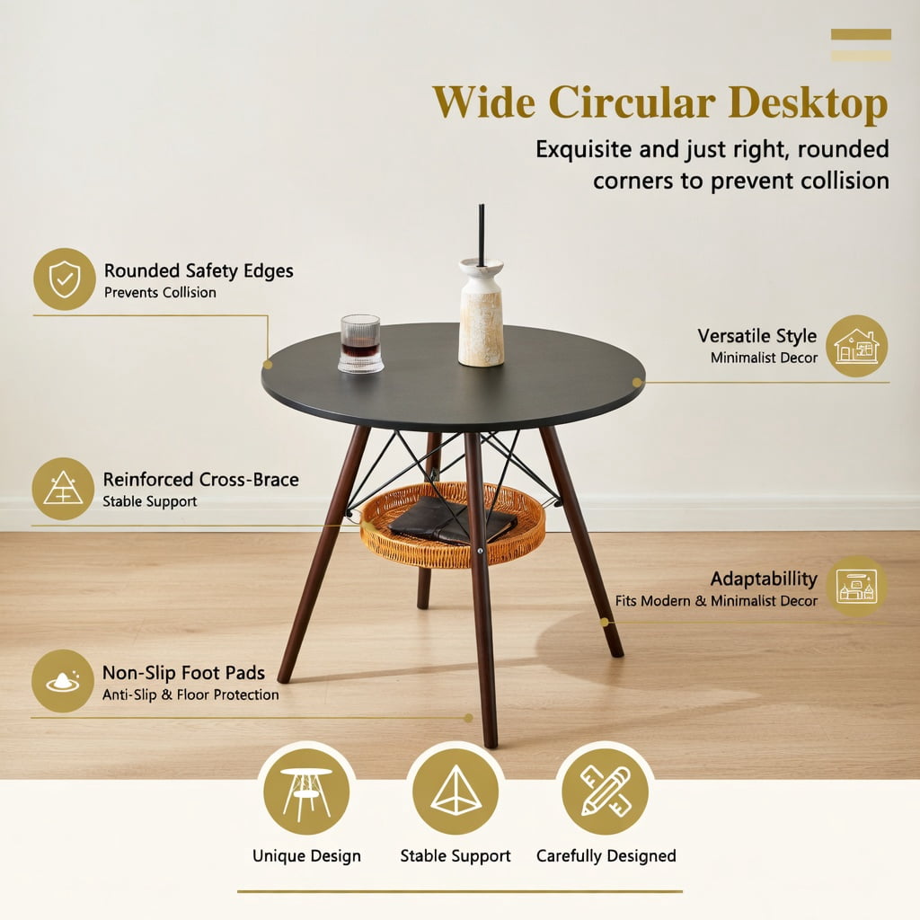 Hommoo 31.5-inch Round Dining Table with Walnut Solid Wood Legs, MDF Vacuum-Formed Top & Hanging Woven Storage Basket, Modern Scandinavian Coffee Table for Small Spaces, Black