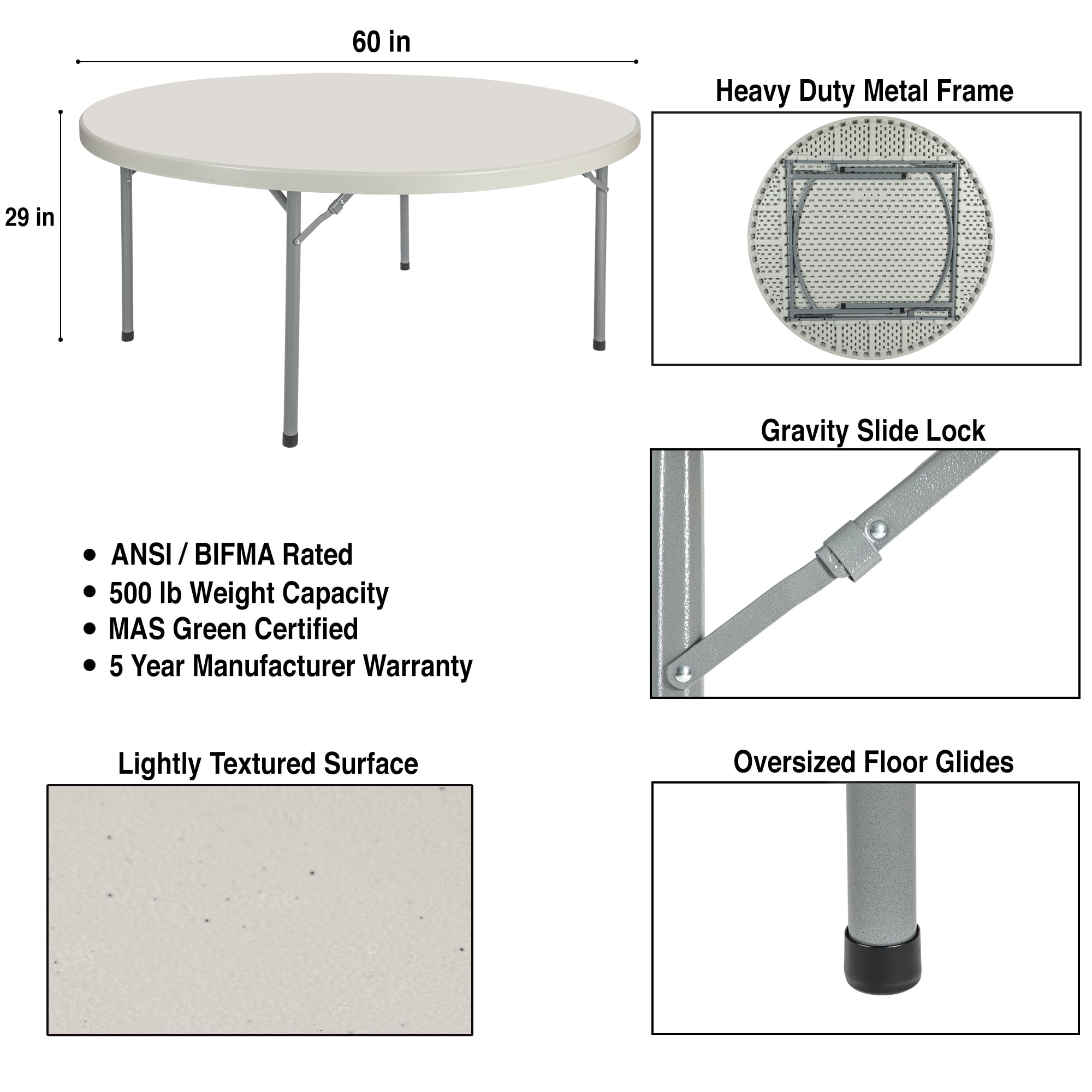 Hampden Furnishings Baldwin Collection 60" Plastic/Steel Round Folding Table, Grey