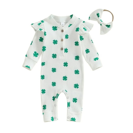 

Bslissey Infant Baby Girls Ireland Festival Footless Jumpsuit 3M 6M 12M Shamrock Print Long Sleeve Ribbed Full Length Romper with Headband Newborn Casual Cute Outfits