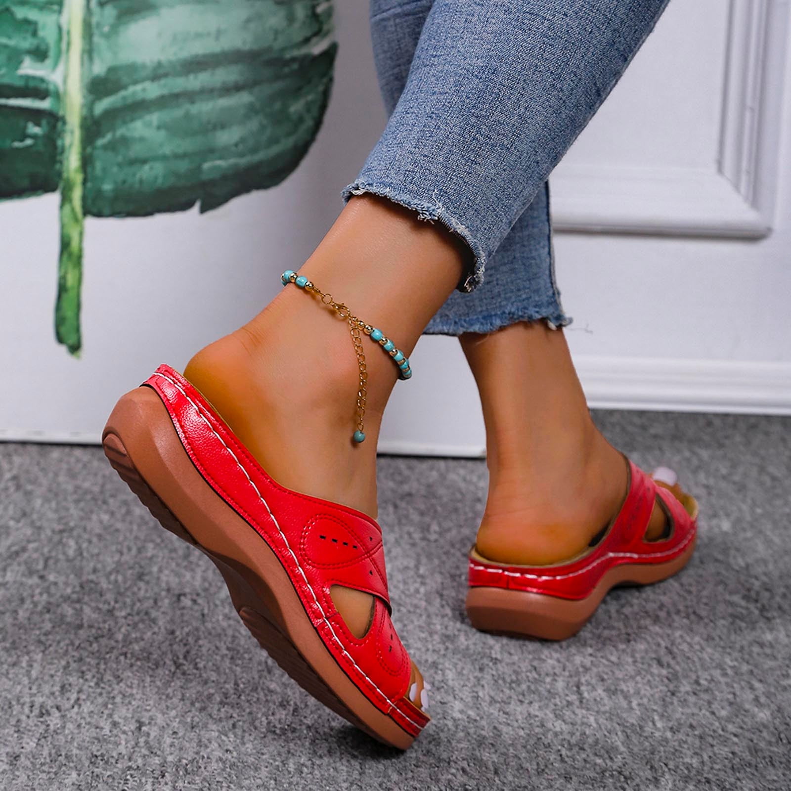 Pisexur Women s Sandals Plain Criss Cross Leather Sandal Wedge Slippers Cushion Spring Bloom Slide Sandal Comfy Summer House Walking Shoes for women Walmart