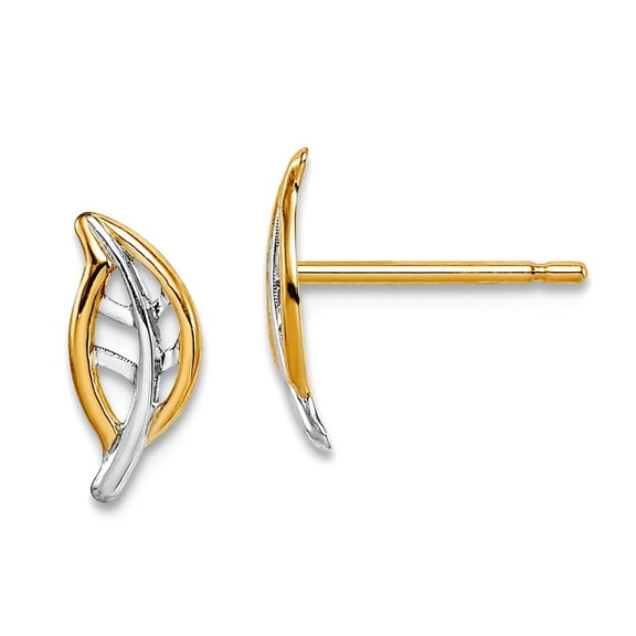 14k and White Rhodium Leaf Post Earrings 9.5mm long Stud Earring for Women - .4 Grams