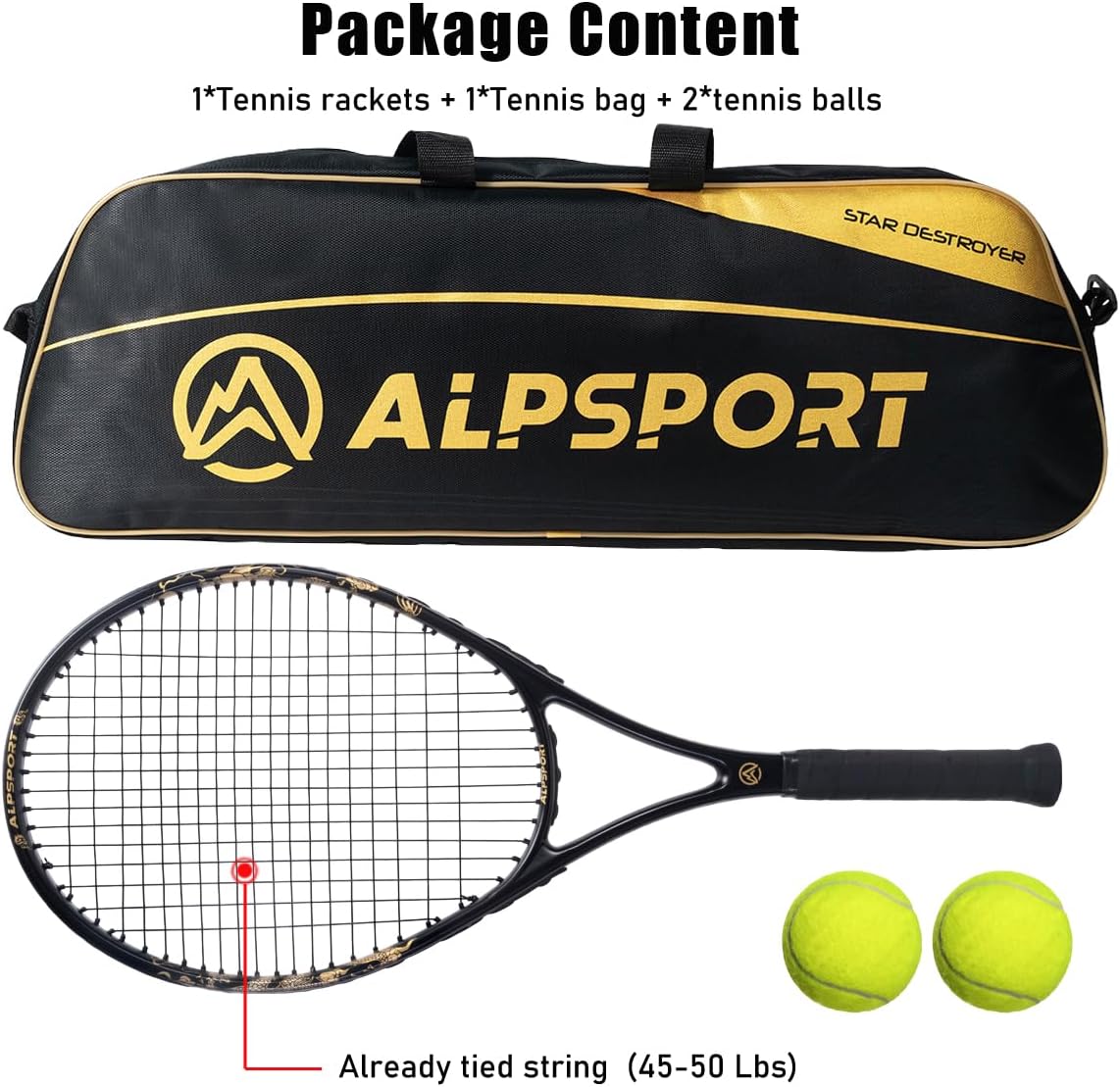 Golden Dragon Pattern Tennis Racket for Adults 27 inch,  Pre-Strung Racquet with 1 Tennis Bag and 2 Tennis Balls, Outdoor Recreational Sport for Beginner Playing