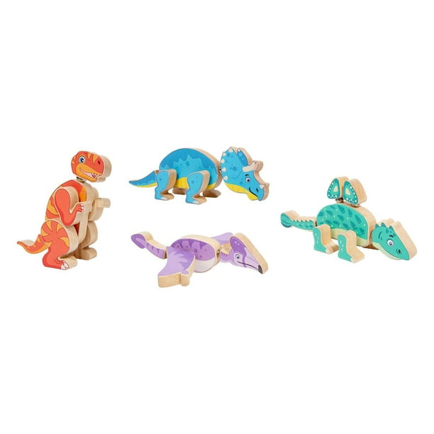 4x bloques de dinosaurios de madera, constructor de dinosaurios de tallo de madera, juego de dinosaurios de construcción a presión
