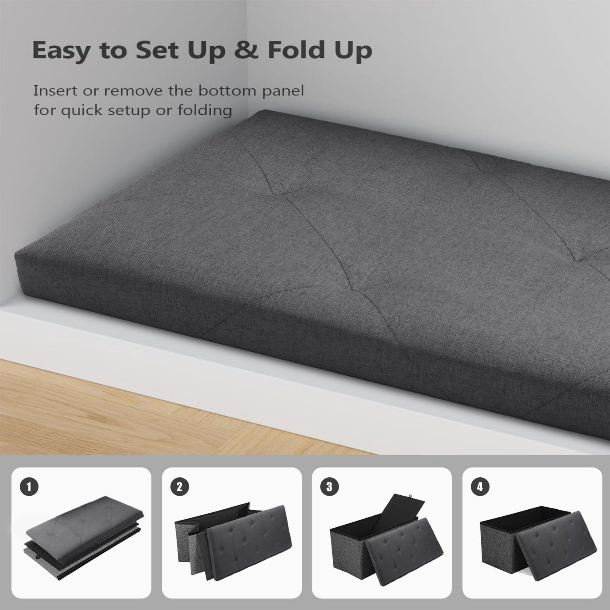 30" 3 PCS Storage Ottoman Bench, Folding Square Storage Ottoman with Lid, Fabric Cube Seat Footrest for Bedroom Living Room Entryway, Grey