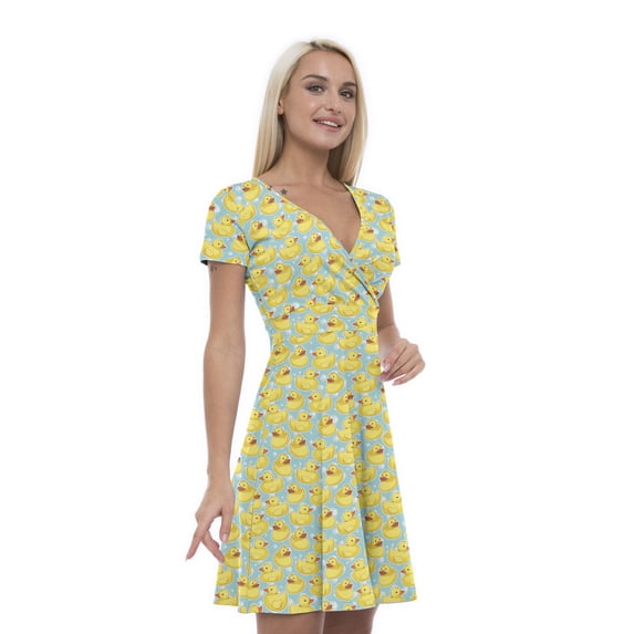 Women’s A Line Duckies Summer Dress, Retro Triangle Arrangement, Cross Wrap V Neck, 6 Sizes, by Ambesonne