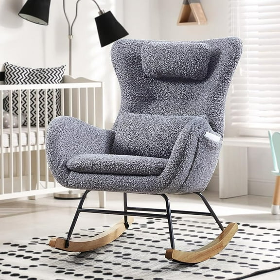 Nursery Rocking Chair, Upholstered Glider Rocker Nursery Rocking Accent Vanity Chair, Recliner Armchair with Side Pocket, Comfy Side Living Room Chairs, Rocker Glider for Bedroom Nursing Room (Grey)