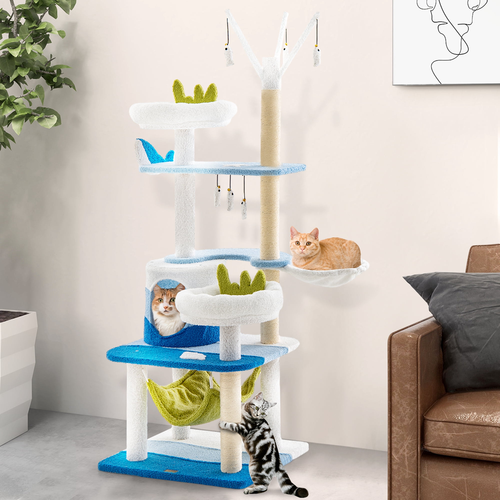 Costway Petsite Ocean-themed Cat Tree with Sisal Covered Scratching Posts Condo Perch Indoor Tower