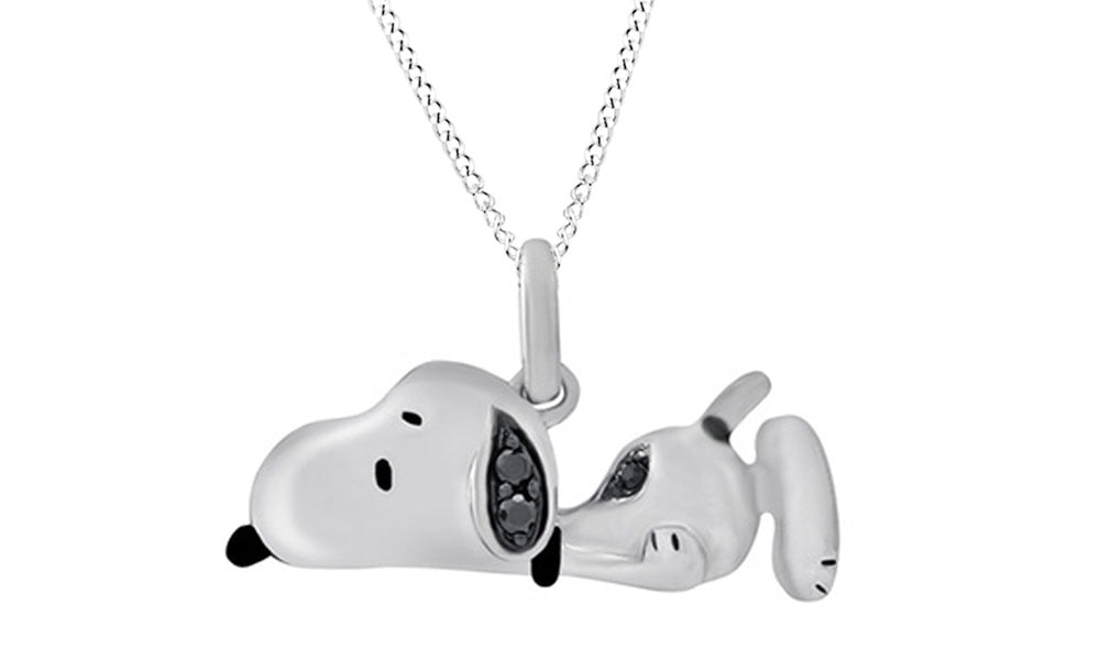 Black Natural Diamond Accents Snoopy Cartoon Pendant Necklace In 14k Rose Gold Over Sterling Silver