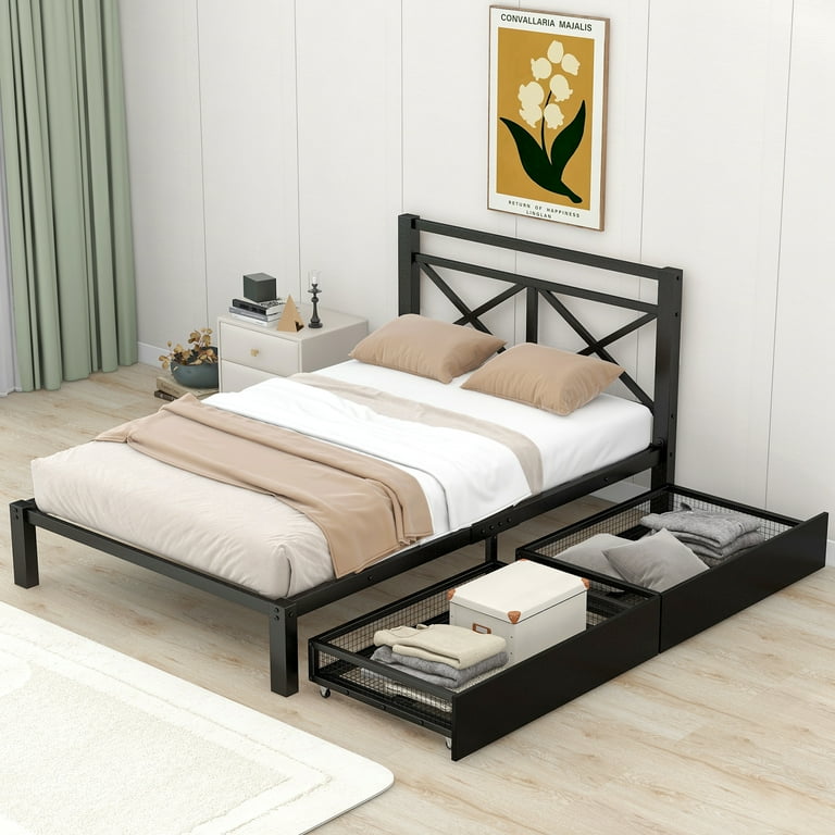 Sesslife Black Metal Platform Bed with Storage Twin Size Bed Frame with Headboard and 2 Drawers No Box Spring Needed Modern Bedroom Single Bed
