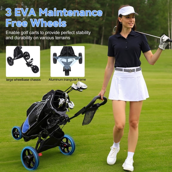 3 Wheel Golf Push Cart, Foldable Golf Bag Cart with Ball Loading Aperture, Scorecard Board, Water Bottle Holder, Foot Brake-Black