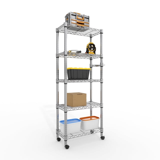 QinaQin 61 Inch Rolling Storage Rack, 5 Tier Adjustable Metal Mesh Shelf with Wheels and Handles for Kitchen or Garage