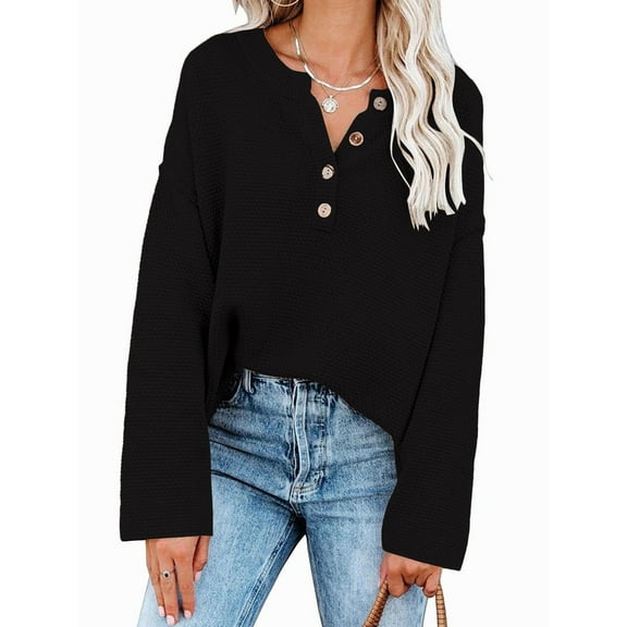 Women'S Oversized Sweaters Batwing Long Sleeve Loose V Neck Button Henley Tops Pullover Knit Jumper Black XL