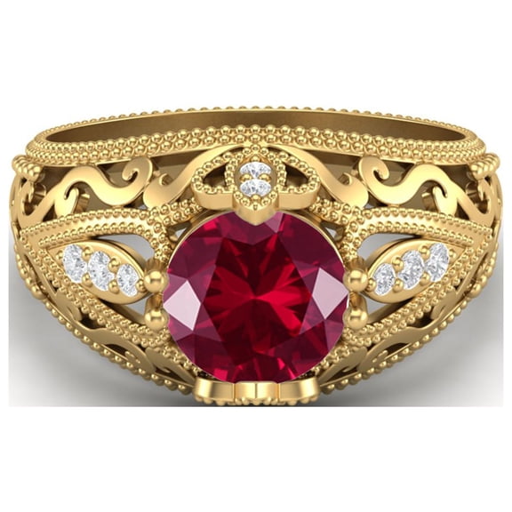 1.45 Ctw Round Ruby Synthetic Antique Filigree Design 925 Sterling Silver Gold Vermeil Women Mother's Day Gift Ring