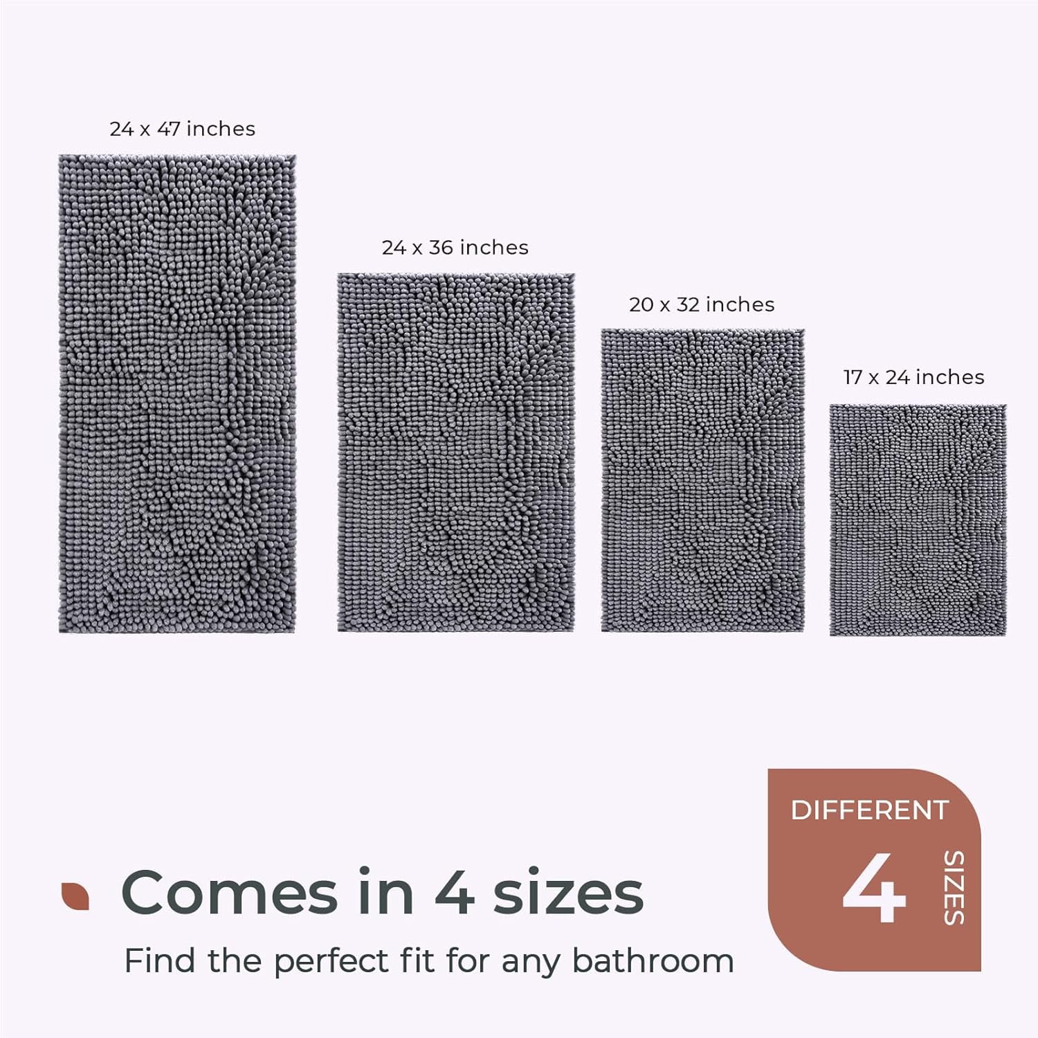 FRESHMINT Chenille Bathroom Rugs Non-Slip Bath Mat 32'' x 20'' Washable Soft Shower Mat, for Bathroom Floor & Tub Fluffy Shag Bath Rugs, Durable Thick Water Absorbent Microfiber Shower Rugs, Gray