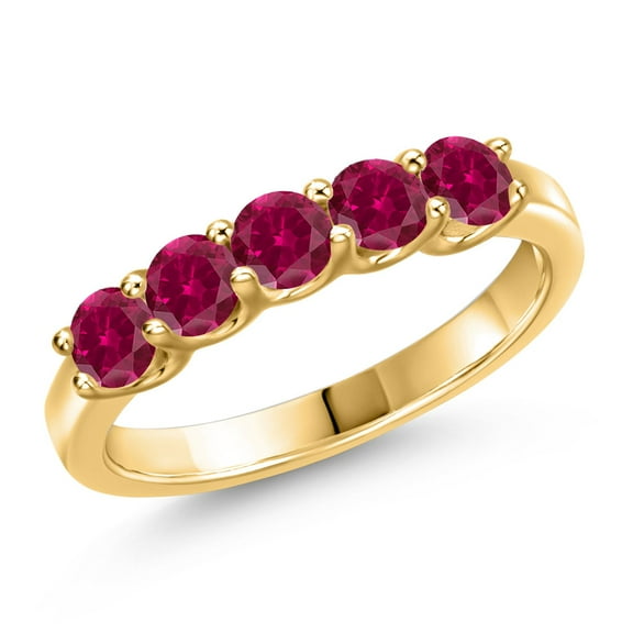 Gem Stone King 18K Yellow Gold Plated Silver Red Created Ruby Wedding-Bands Ring for Women | 1.25 Cttw | Round 3.5MM | Gemstone July Birthstone | Size 5