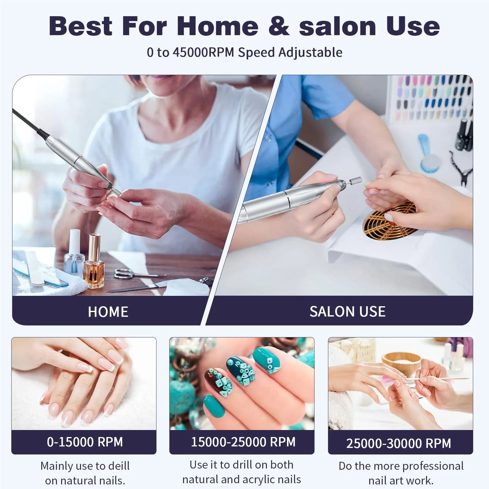 Professional Nail Drill Electric Nail File Manicure Pedicure Kit 45000RPM Portable with 6 Drill Bits for Salon and Home Use