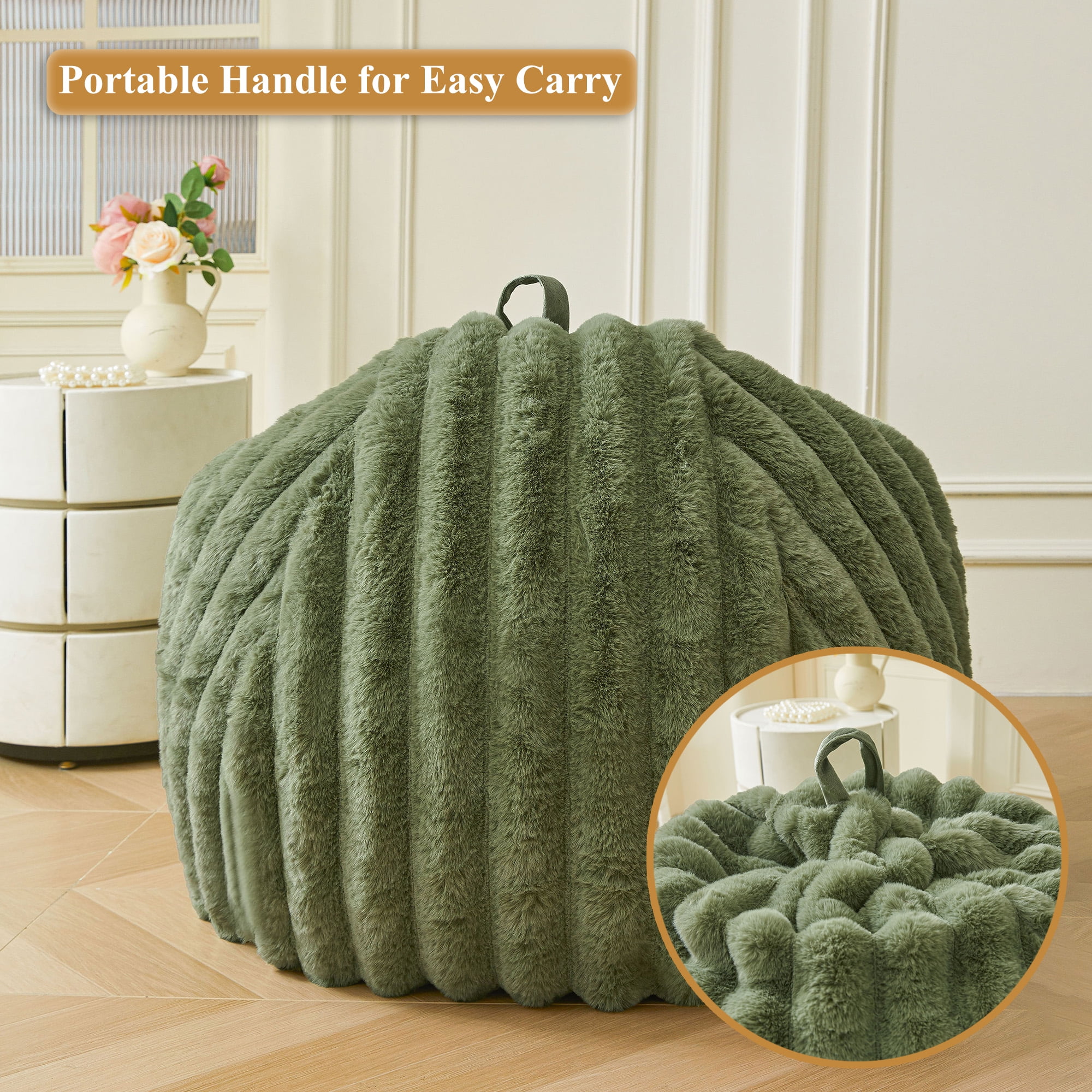 XeGe Kids Fluffy Faux Rabbit Fur Bean Bag Chair Cover(No Filler), Cozy Moss Shaggy Striped Stuffed Animal Storage Bean Bag for Plush Toys, Fuzzy Ribbed Beanbag Cover Kids Girls Adult, Sage Green