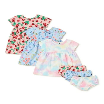 Wonder Nation Baby Girls Short Sleeve Dresses & Diaper Covers, 3-Pack, Sizes 0-24 Months