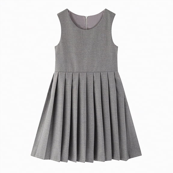 mgoYE Dress for Kids 10-12 Girls School Uniform Jumper Dress Solid Soft Sleeveless Crew Neck A-Line Pleated Dress(Grey,12-14 Years)