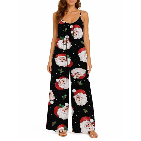 Women'S Summer Spaghetti Strap Jumpsuits Santa Claus Loose Baggy Fit Wide Leg Rompers Casual Wear