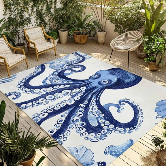 Fsddascl Navy Blue Octopus Coastal Outdoor Rug for Patio/Deck/Porch, Non-Slip Large Area Rug 5 x 8 Ft, Nautical Summer Beach Ocean Indoor Outdoor Rugs Washable Area Rugs, Camping Rug Carpet