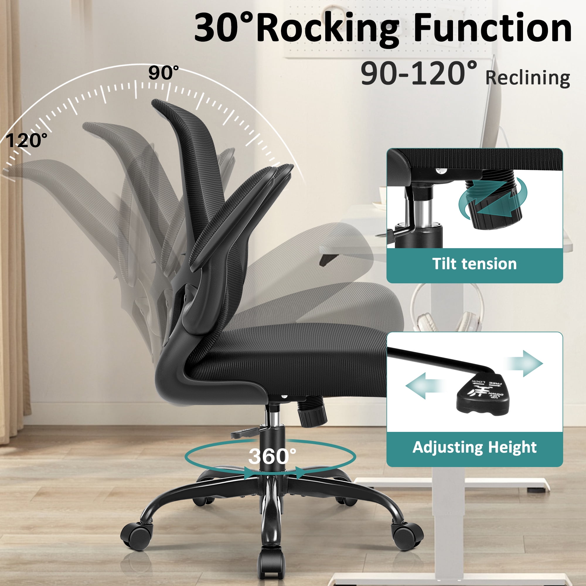 COOLHUT Office Chair, Ergonomic Desk Chair with Adjustable Lumbar Support, High Back Mesh Computer Chair with Flip-up Armrests-BIFMA Passed Task Chairs, Executive Chair for Home Office, Black