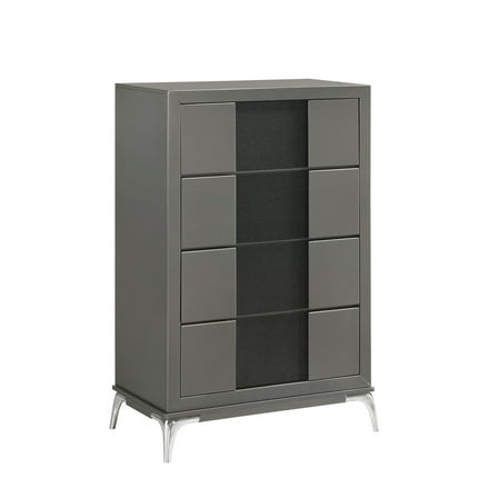 Benjara Rya 48 Inch Tall Dresser Chest, 4 Drawers, Gray Wood, Angled Chrome Legs