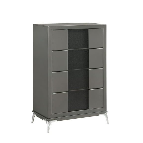 Benjara Rya 48 Inch Tall Dresser Chest, 4 Drawers, Gray Wood, Angled Chrome Legs
