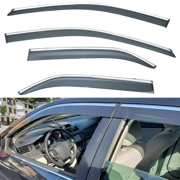4Pcs Outside Mount Tape On/Clip On Type Smoke Tinted Sun/Rain Guard Vent Window Visors With Chrome Trim Compatible With 2012-2017 Camry All Models
