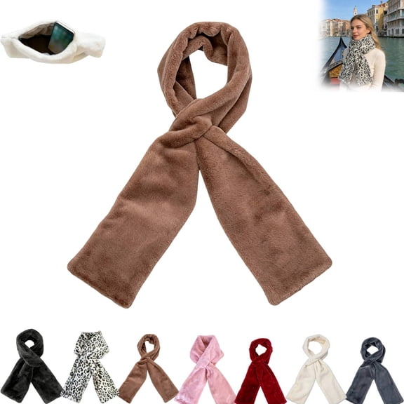 Huankd Winter Fuzzy Scarf with Hidden Pocket for Women Faux Fur Cozy Pull Through Neck Wrap Zipper Phone Pouch Travel Scarf 2026 Coffee One Size