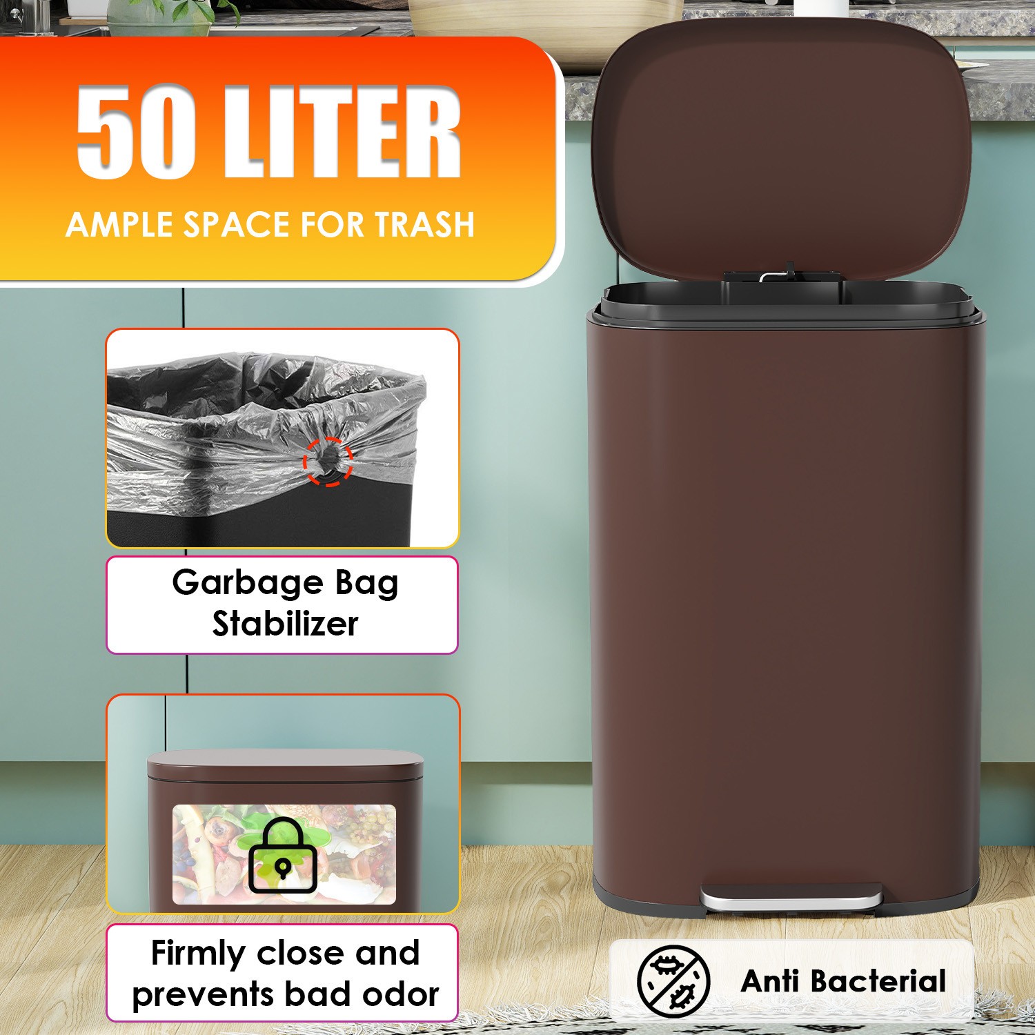 FASCK 13 Gallon/50 L Garbage Can Kitchen Trash Can with Lid for Office Bedroom Bathroom Step Trash Bin Fingerprint-Proof Brushed Stainless Steel 13 Gallon / 50 Liter,Brown