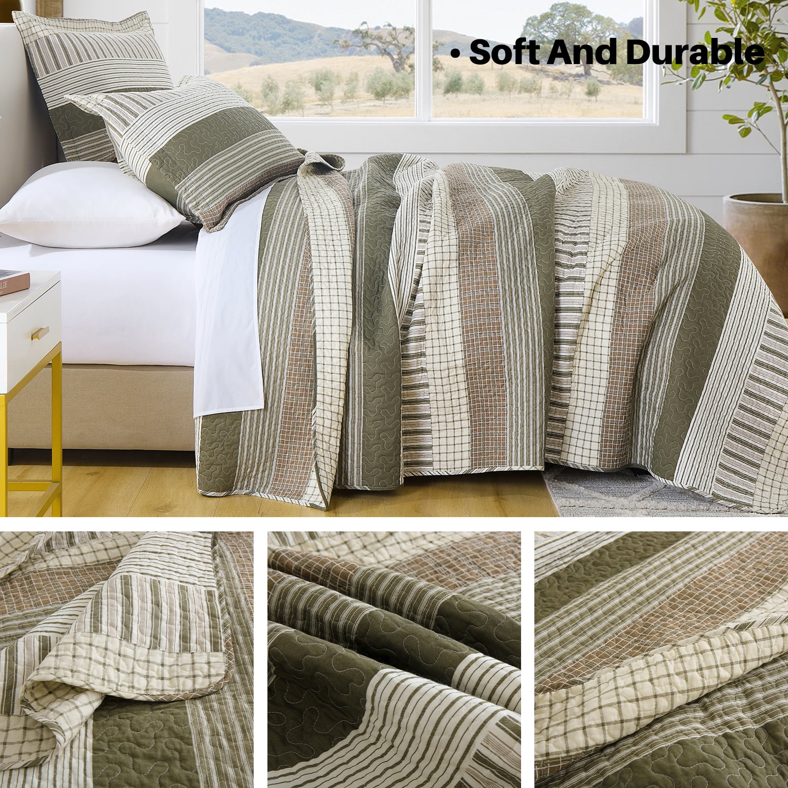 Bedduvit 100% Cotton King Size Quilt Set, Green Beige Brown Striped Lightweight King Quilt Bedspreads for Bed, Farmhouse Breathable King Quilt Coverlet/Bedding Set for All Season, 3-Piece (98"x106")