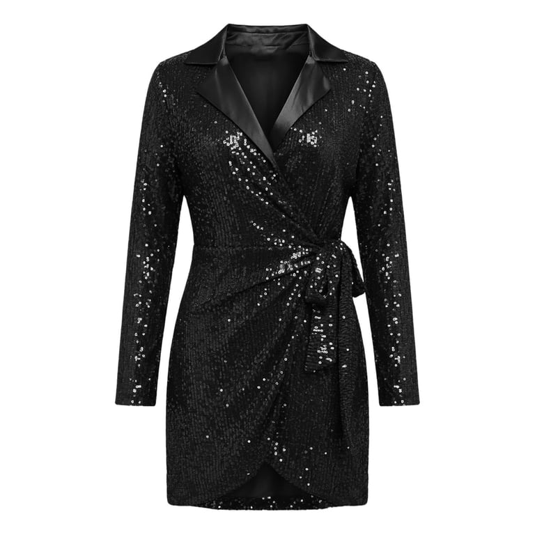 black sequin dress with blazer Dpjklzsn Women's Mini Notched Lapel, Long Sleeves, Wrap Front and Self Tie Waist exchange-only::false