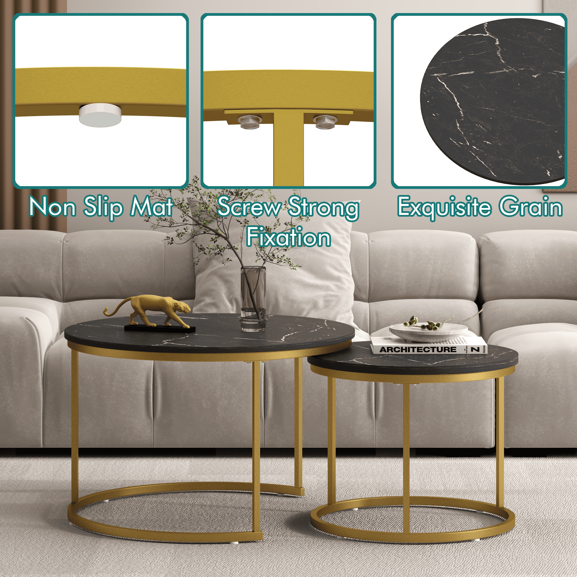 27.6in Nesting Coffee Table Set of 2, Black Round Table with Marble Pattern MDF Top, Sturdy Metal Frame, Multifunctional End Side Table for Living Room Bedroom Balcony Yard