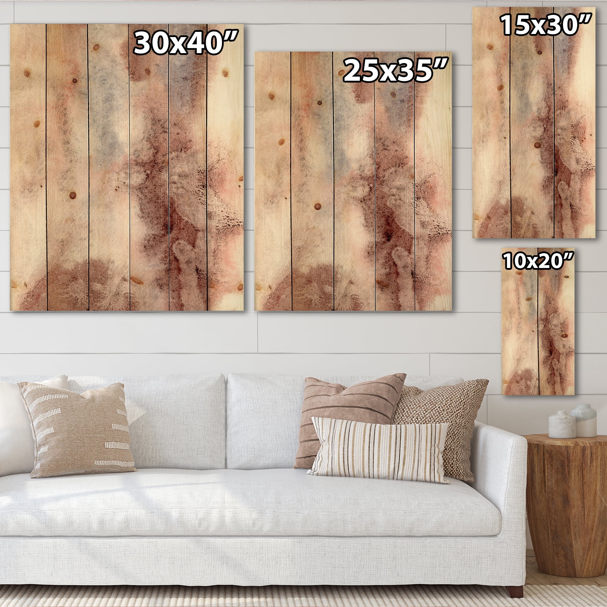 Designart 'Pastel Abstract With Pink Blue and Dark Red Spots' Modern Print on Natural Pine Wood
