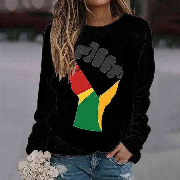 BVOFAR Black History Month T-Shirts for Women Long Sleeve Round Neck Shirts African American Casual Tops 2025