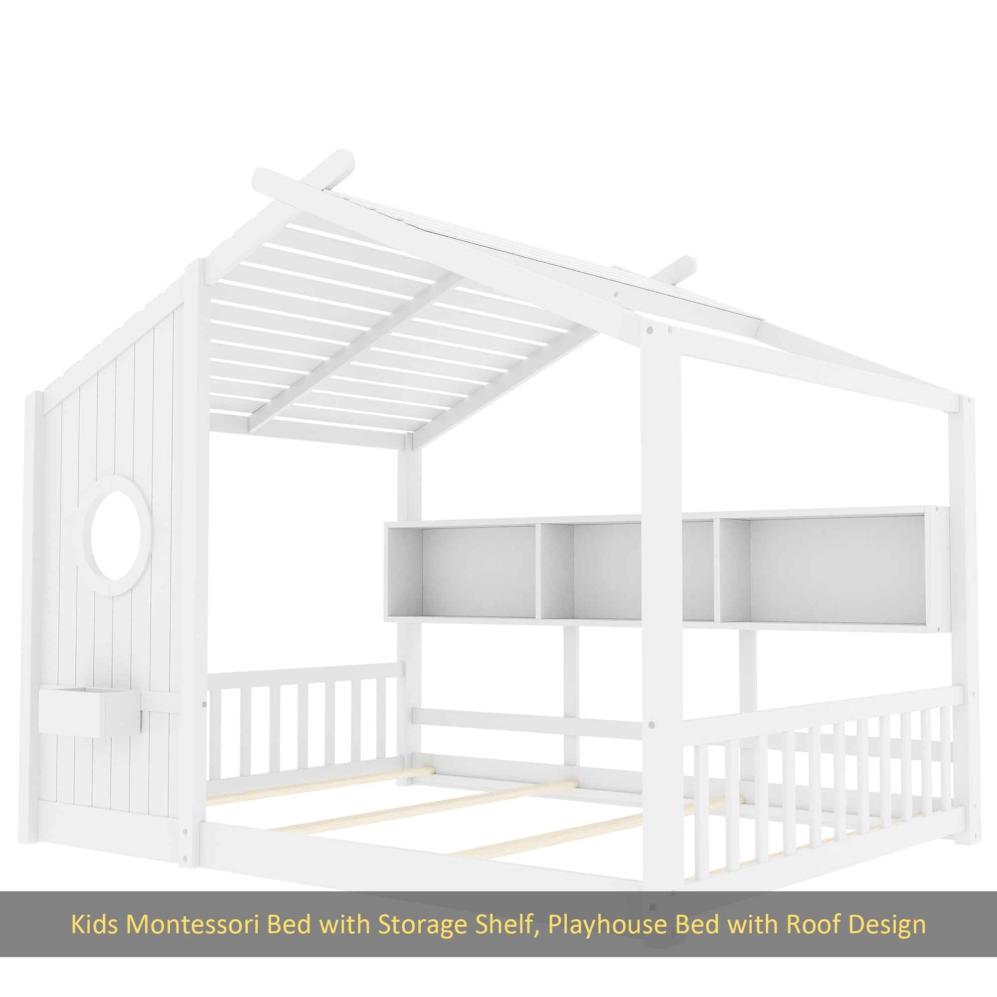 Full Size Floor House Bed for Toddler, Kids Montessori Bed with Storage Shelf, Playhouse Bed with Roof Design, White