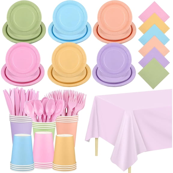169 Pieces Pastel Party Supplies Disposable Dinnerware Set Include Plates and Cups Napkins Plastic Forks Knives Spoons Tablecloth for Wedding Birthday Party Decorations, Serve 24 Guests