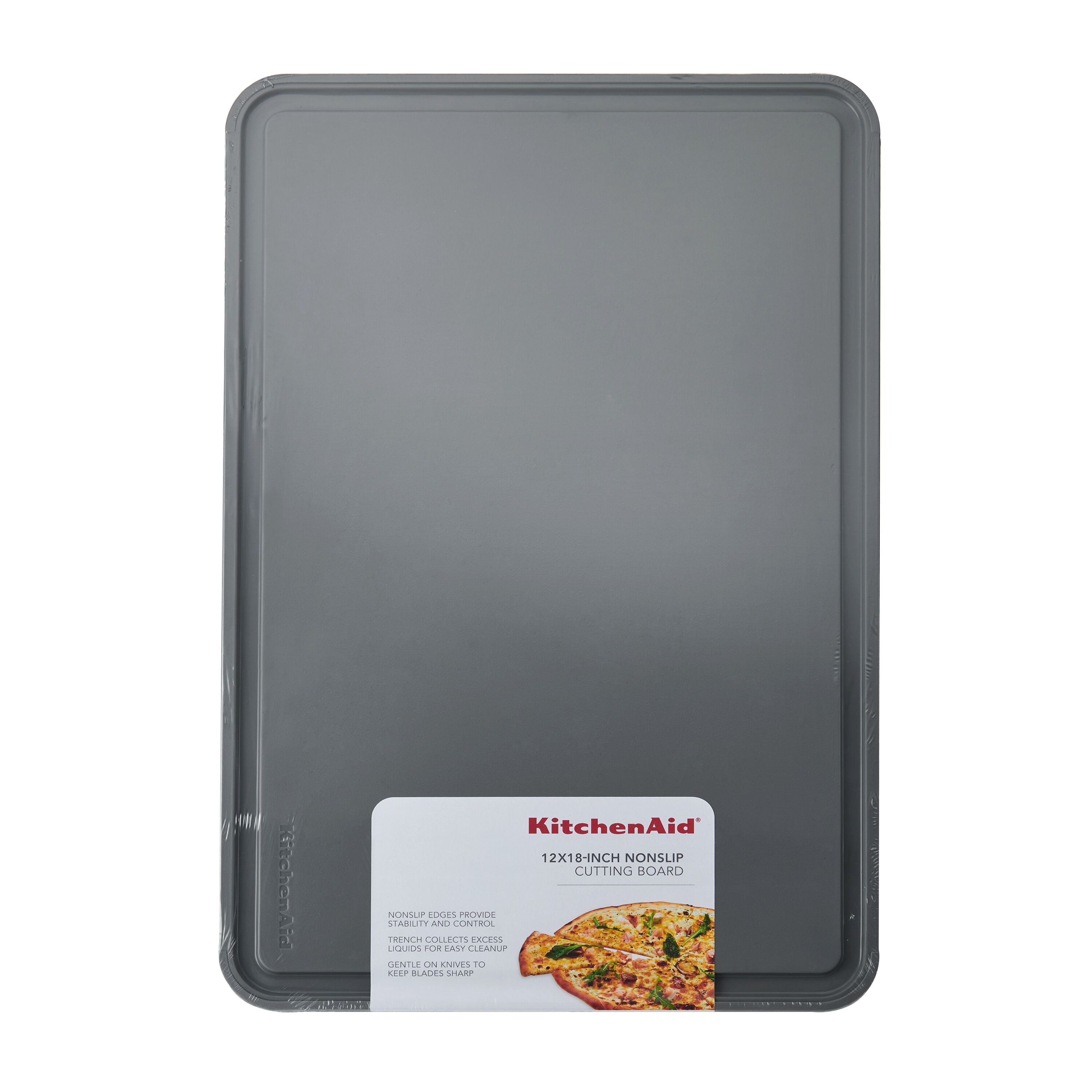 KitchenAid 12x18 Poly Cutting Board, Perimeter Trench, Non Slip Edges, Dishwasher Safe Matte Gray
