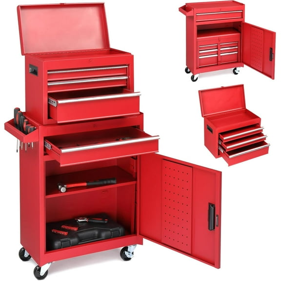 SYNYLIIFE 4-Drawer Rolling Tool Chest with Wheels & Lock, Tool Box with Large Storage Cabinet and Adjustable Shelf, Removable Portable Top Box for Garage, Warehouse, Factory, Red