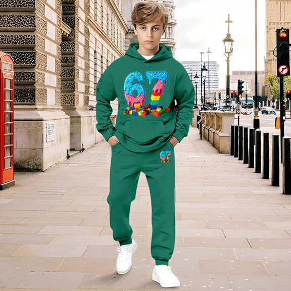 Kids Outfits Set 6 7 Six Seven Letter Outfits Set Comfortable Boys Cartoon Number Print Hooded Sweatshirt And Jogger Pants Long Sleeve Outfit With Pocket Dark Green 140(8-9 Years)