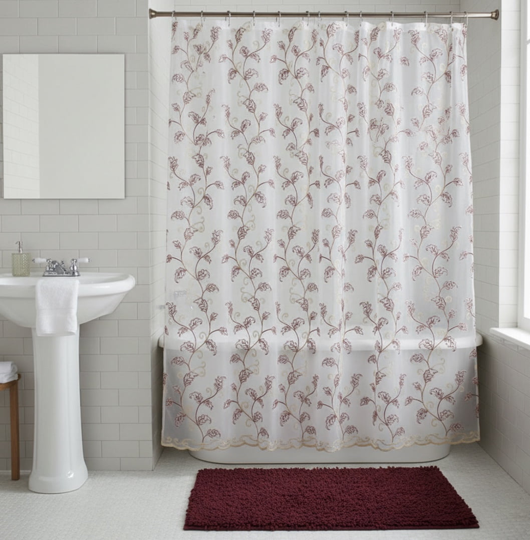 Serafina Home Decorative Sheer Fabric Shower Curtain: Two Toned Burgundy Red and Gold Embroidered Leaves with Metallic Threading