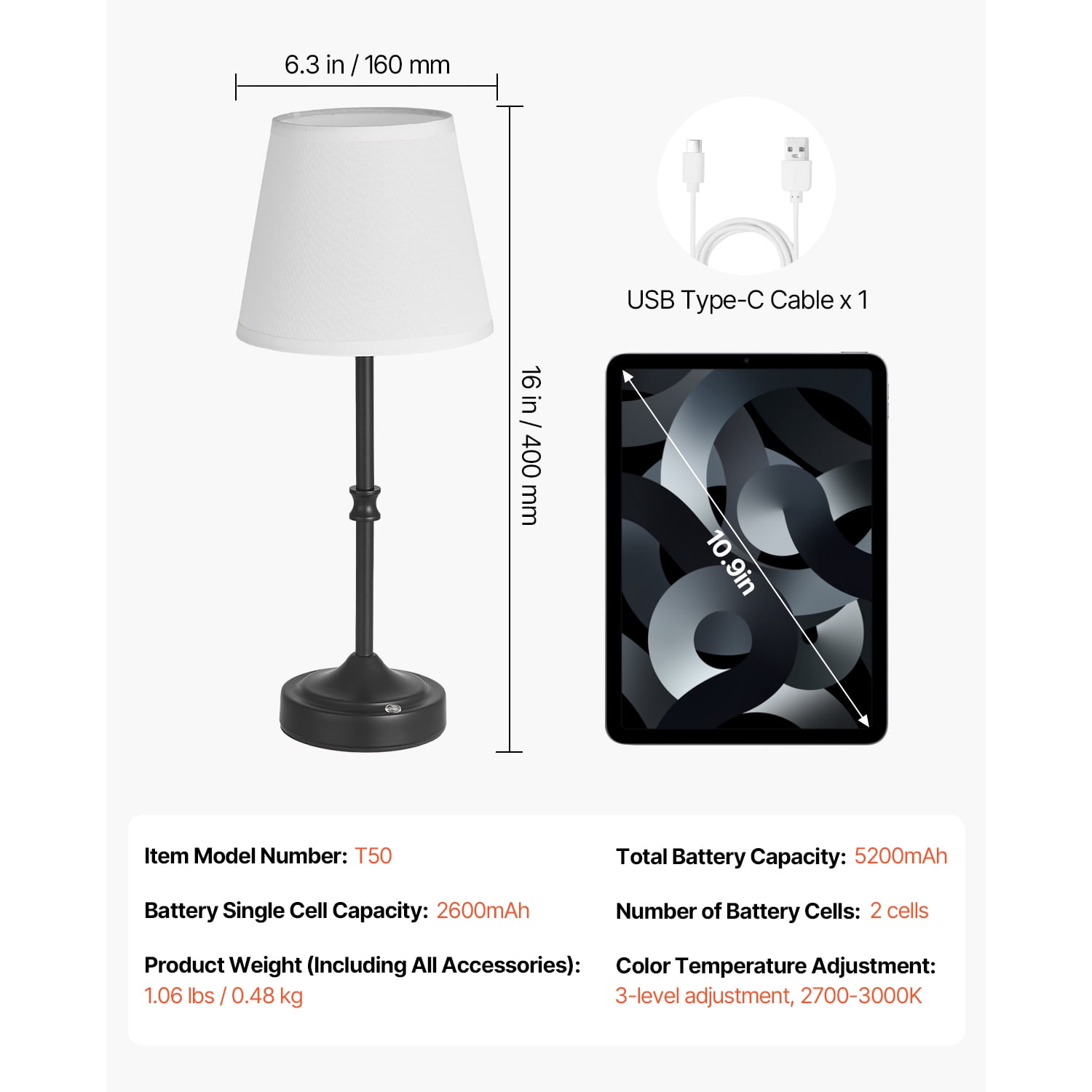 KFFKFF Cordless Table Lamp with Rechargeable Battery, 3-Level Brightness, Fabric Shade, 2700-3000K Warm Light, Ideal for Restaurants, Bedrooms, and Bar Counters, Black