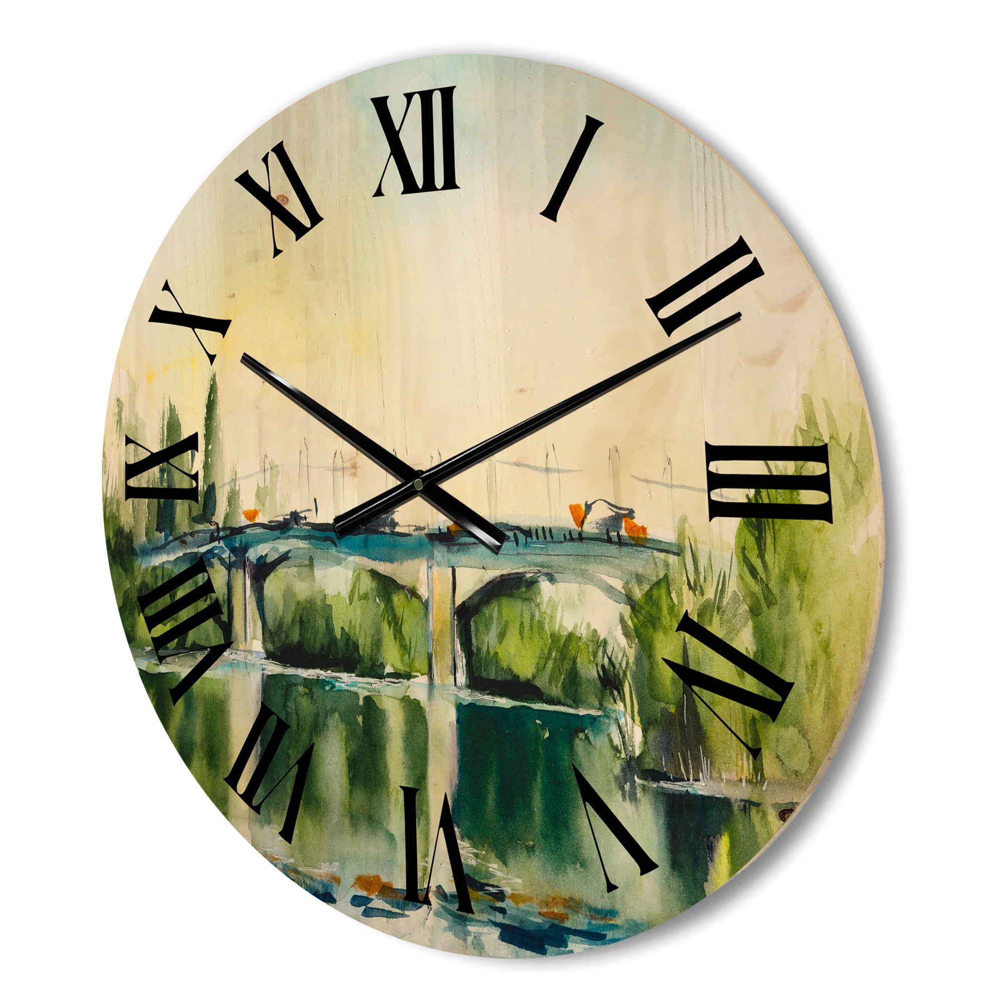 Designart 'Landscape With Old Bridge Over River In The Countryside' Traditional Wood Wall Clock