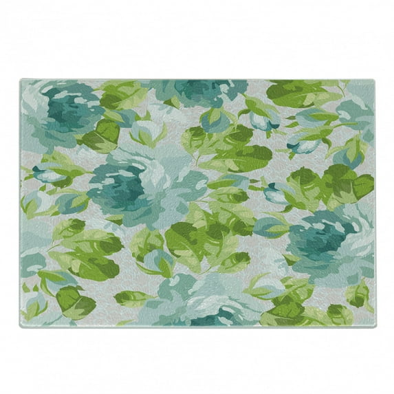 Shabby Flora Cutting Board, Tropical Botany Garden Theme Blue Roses Leaves and Bouquets, Decorative Tempered Glass Cutting and Serving Board, Small Size, Turquoise Pale Pink, by Ambesonne