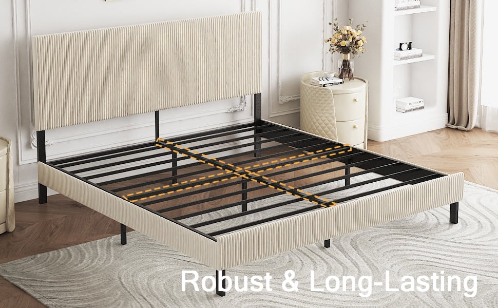 Yoneston King Size Bed Frame with Bandaged Upholstered Headboard for Adults Bedroom No Box Spring Required Easy to Assembly, Beige